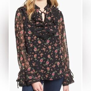 Rebecca Minkoff Devy Black/Pink Floral Ruffle Bell Sleeve Blouse Size Small